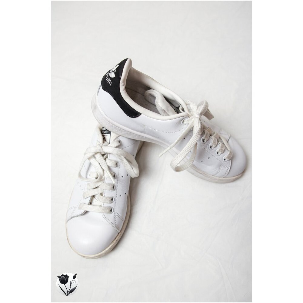 Adidas Stan Smith White Leather Sneakers Size 7 Women Classic Black Heel